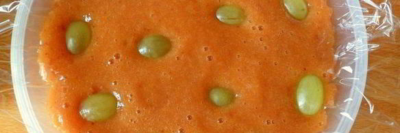 персиковый мусс-желе с виноградом и лепестками миндаля