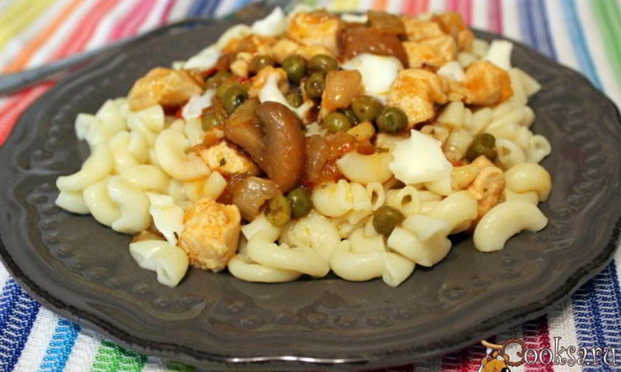 Рецепт макарон с курицей в соусе из овощей с грибами по-провански