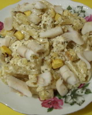Макароны с тыквой и треской