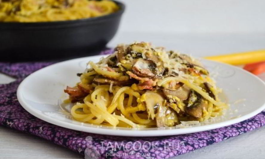 Рецепт пасты карбонара с беконом, грибами и сливками