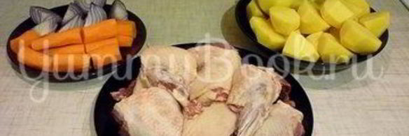 острая утка, запеченная с картофелем и морковью