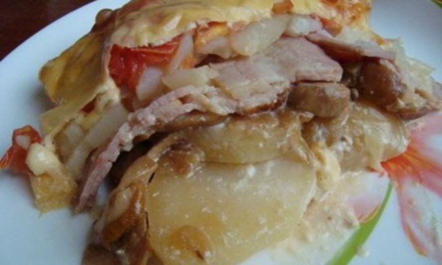Рецепт картофеля, запеченного с мясом и грибами