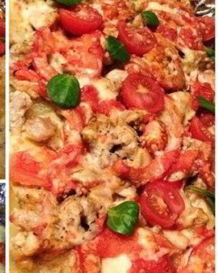 Картофельный гратен, запеченный с сыром и индейкой в сливочном сусе, с томатами