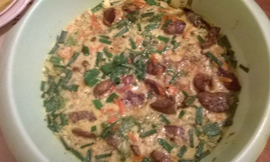 Рецепт куриной печени с яйцами, овощами и горчицей, запеченная в микроволновке