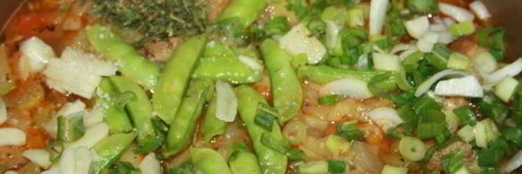 летнее рагу со свининой и зеленым горошком в стручках и свежими овощами