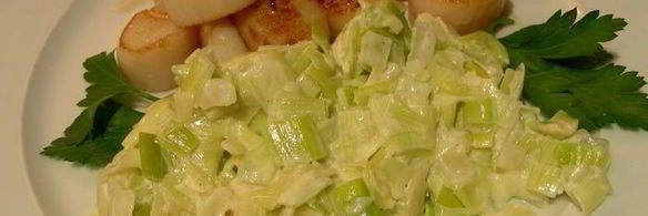 морские гребешки с фондю из лука-порея