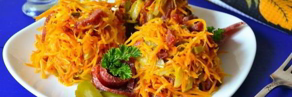 салат обжорка с колбасой