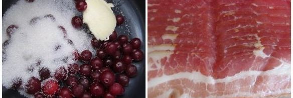 овсяные оладьи с клюквенным соусом и беконом