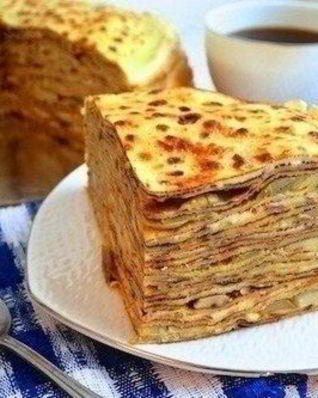 Блинный торт с шампиньонами и сыром