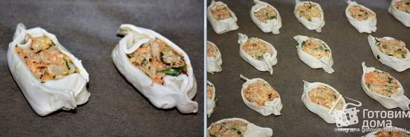 бутерброды из слоеного теста с сыром, курицей и морковью