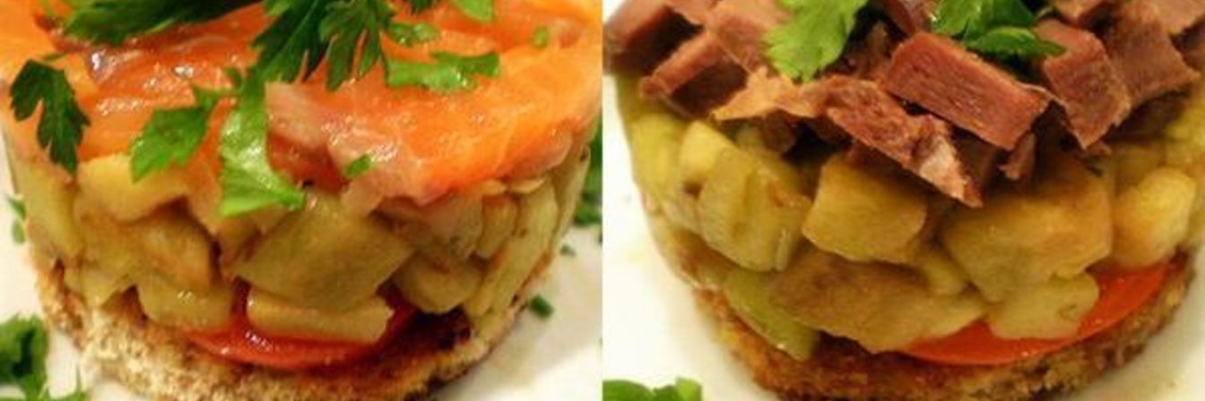 Закуска из баклажан с семгой и языком