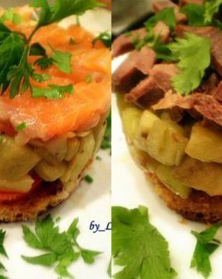 Закуска из баклажан с семгой и языком