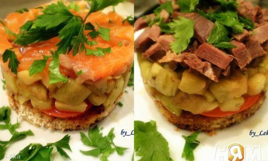 Рецепт закуски из баклажан с семгой и языком
